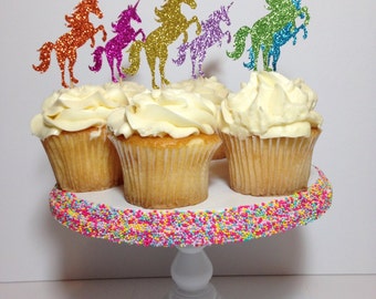 Unicorn Cupcake Toppers (Glitter Decorations, Unicorn Theme, Unicorn Party, Rainbow Toppers)