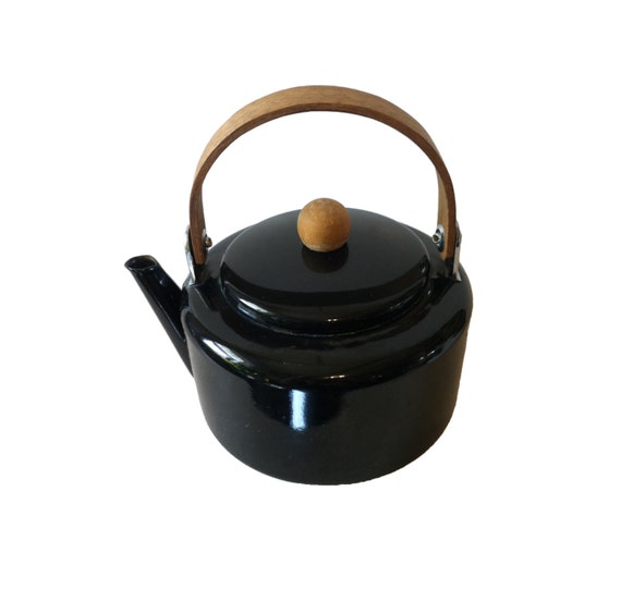 Vintage Tea Kettle Black Enamel Tea Kettle Mid Century Black