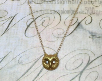 Antique 14k Victorian Owl Necklace with Diamond Eyes