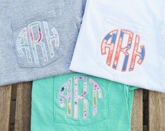 Monogram Pocket Tee, Short Sleeve, monogrammed pocket tshirt, Applique monogram pocket tee for women, gifts for women