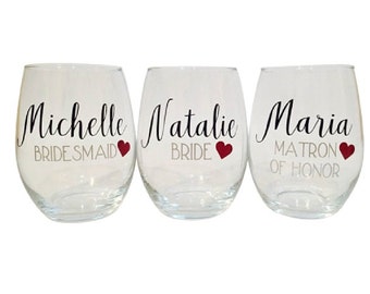 Personalized Stemless Wine Glasses, Bridesmaids Glass, Bridal Party Glass, Custom Name, Monogram, Bridal Party Gift, Glassware