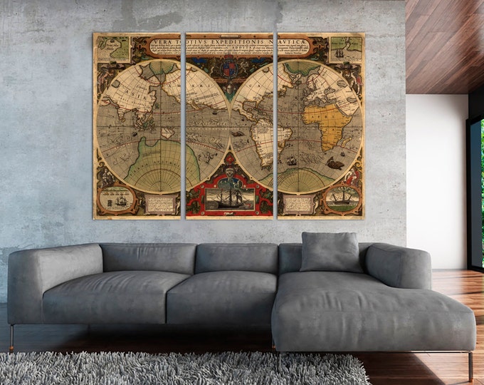 Large Vintage Expedition World Map, Antique Expedition Map / 1 - 5 Panels on Canvas Wall Art for Home & Office Decoration