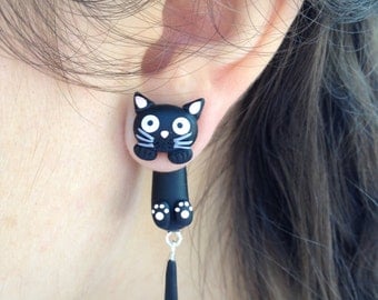 Cat studs 3d earrings Cat earrings Funny cats Black cat Cat jewelry Ear jackets Cat lover gift Animal jewelry Black jewelry Unique gifts