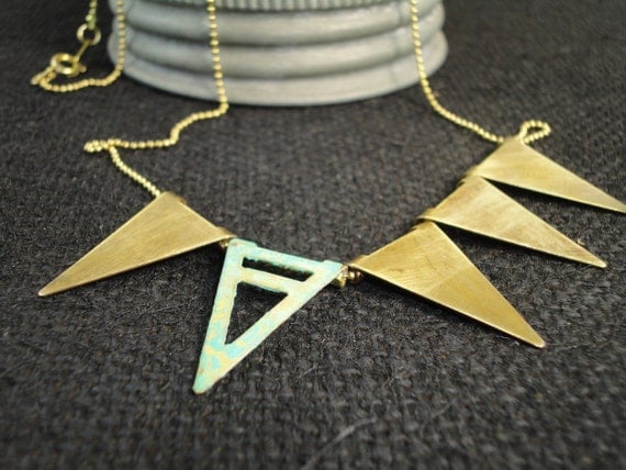 Triangle Banner Pennant Necklace-Verdigris Turquoise-Brass Metal-Geometric-Patina-Boho