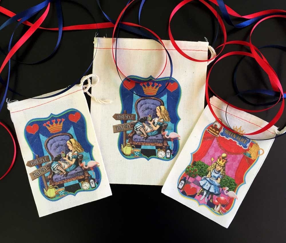 Red Pink Blue Alice in Wonderland Party Favor Bags