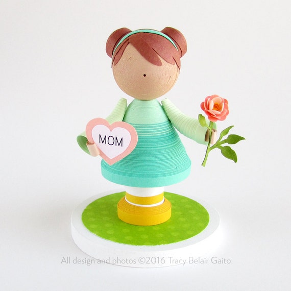 Mothers Day Quilled paper art doll girl figurine in teal with coral pink peony flower and Mom heart