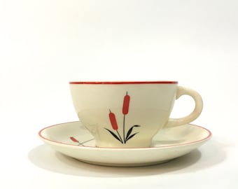 Cattail Cup and Saucer ~ Universal Pottery Cup and Saucer ~ Camwood Ivory Cambridge, Ohio Cup and Saucer Cattail Pattern