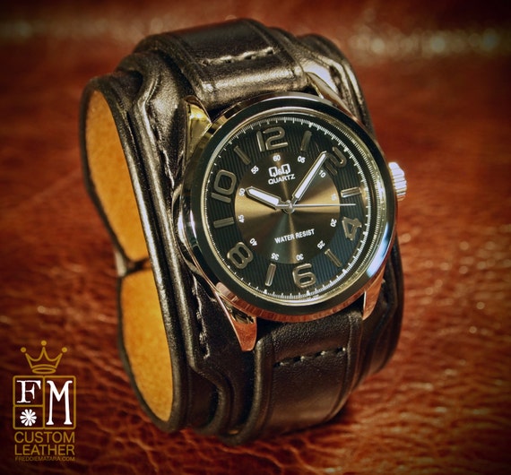 Leather cuff watch Slick Black vintage style 2" Wide layered wristband bracelet made in NYC for YOU by Freddie Matara!