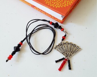 Beaded Bookmark Red And Black Fan / Glass Beaded Cotton Cord With Metal Charm/ Handmade For Book Lovers/ Journal Marker/ Readers