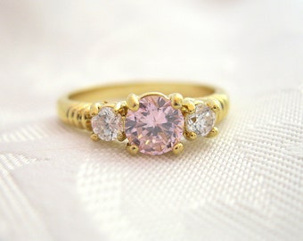 Vintage Rhinestone Ring Crystal Light Rose Goldtone Size 6 1/4