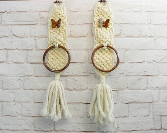 Vintage 70s Macrame Towel Holders Ceramic Butterflies Tassels Fringe Kitchen Bath Hanging Art Brown Beige Cream