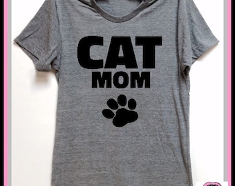 CAT MOM. UNISEX Tri Blend Track T-shirts hand print. animal lovers. dog shirt. cat shirt. rescue shirt. Dog or Cat Lovers Gift. Adopt!