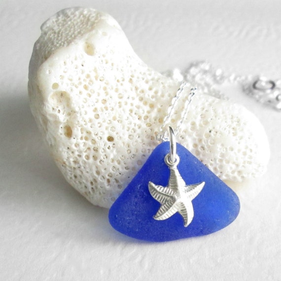 Cobalt Blue Sea Glass Necklace Starfish Pendant Upcycled