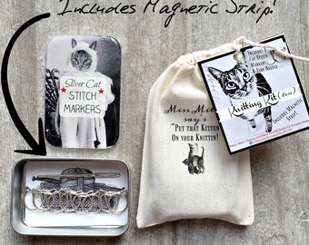 Notions tin, Knitting Kit, Tool kit for knitters, Cat Stitch markers