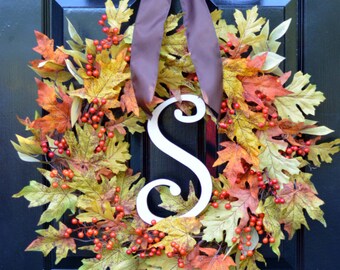 Fall Leaf Wreath- Autumn Wreath- Fall Wreath- Fall Decor- Monogram Wreath- Ready to Ship- Front Door Wreaths- Fall Leaves- Autumn Decor