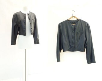 Black Leather Jacket Vintage 80s Leather Cropped Black Jacket Made in Italy Jacket Collarless Leather 80s Vintage Jacket s