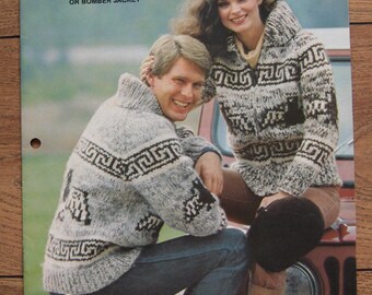 Vintage WHITE BUFFALO knitting pattern Cowichan cardigan pullover bomber jacket men women