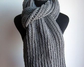 Items similar to Knit Long Scarf, Cable Design, Grey Color, Chunky Grey ...