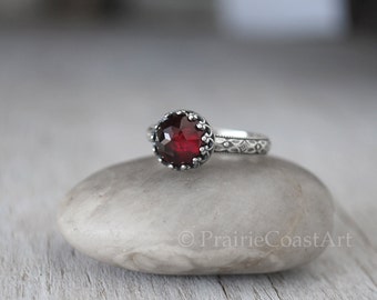 Garnet Ring in Sterling Silver - Handcrafted Artisan Silver Rose Cut Garnet Ring - Crown Bezel - Hand Forged - January Birthstone
