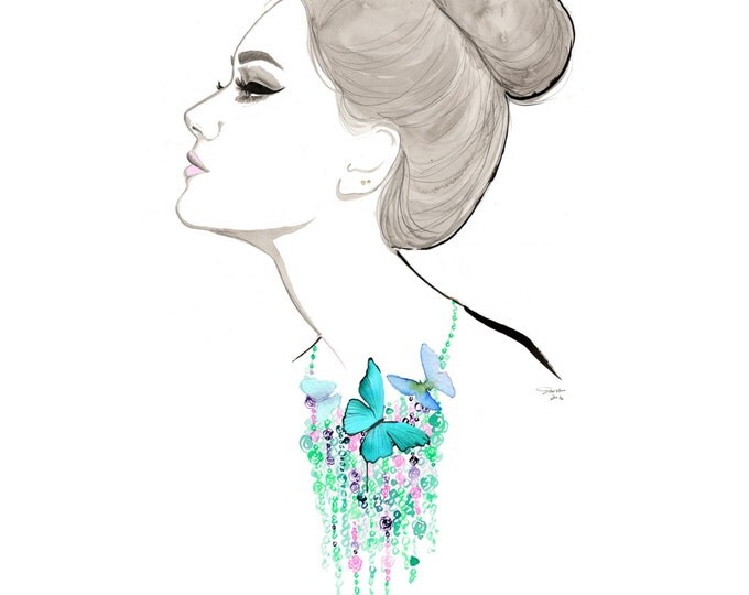 The Garden Around My Neck, print from original watercolor and pen fashion illustration by Jessica Durrant