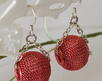 Earrings-Red Wire Mesh Wide Hole Beads on Silver Chain-Short Drop Dangle-Under Two Inches-Large Mesh Red Bead-Ball and Chain Earrings-Her