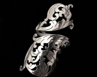 Sterling Silver Adjustable Long Wrap Ring - Ornate Rococo Scrolls Flourish - BAROQUE SOIREE