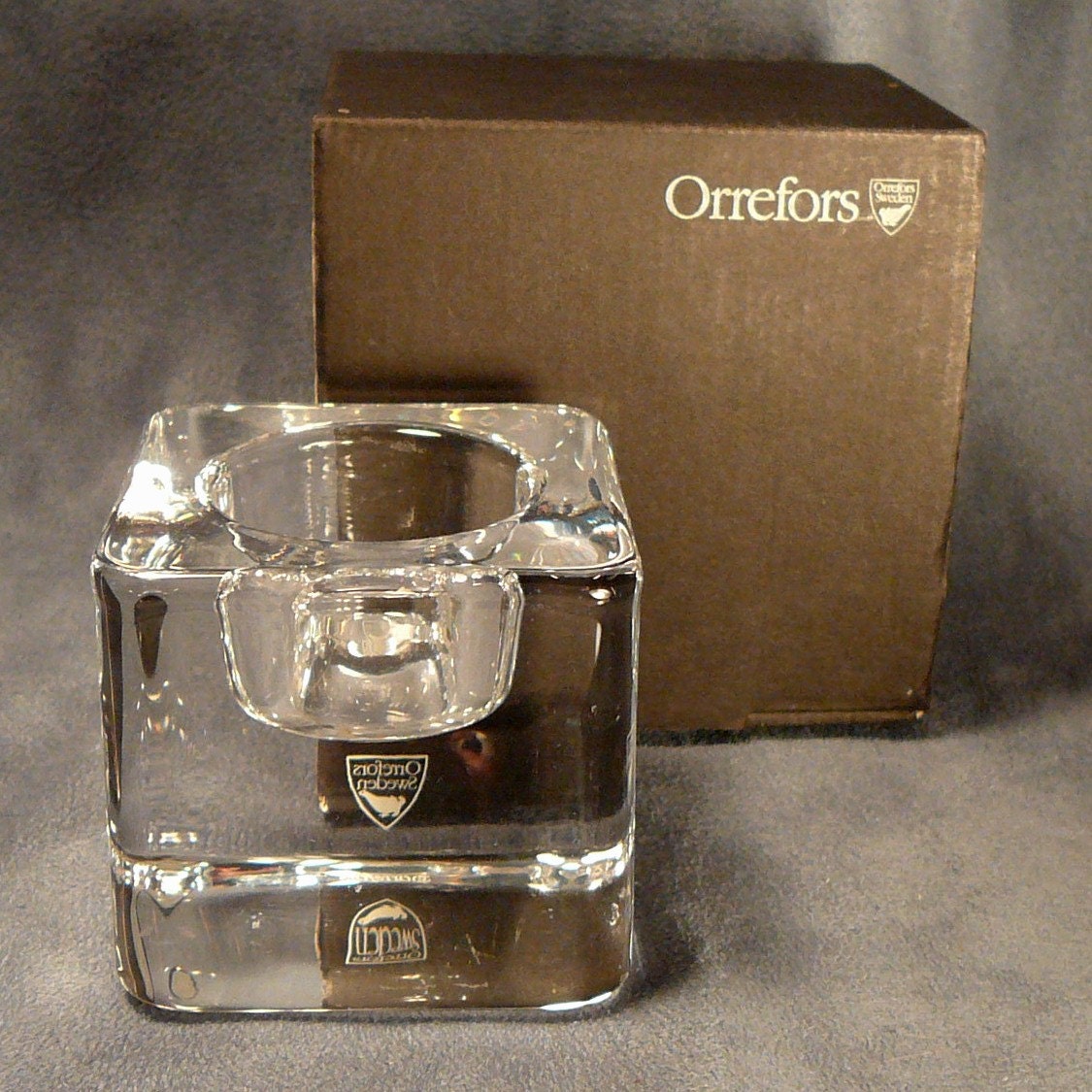 Orrefors Ice Cube Candle Holder in Box Goran Warff Designer