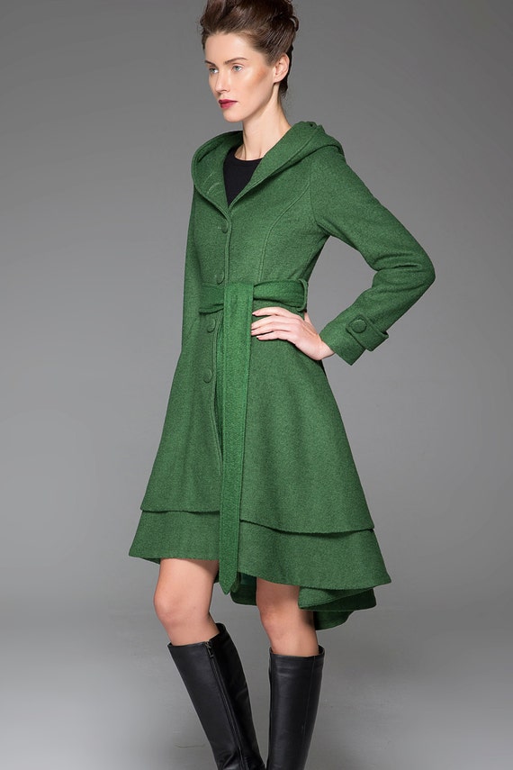 Green wool jacket womens coats winter coat tie belt coat