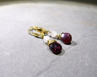 Red Garnet Earrings, drops, lever back ear wires, gold plated, rose quartz, elegant, gift for her, birthday, love, metaphysical
