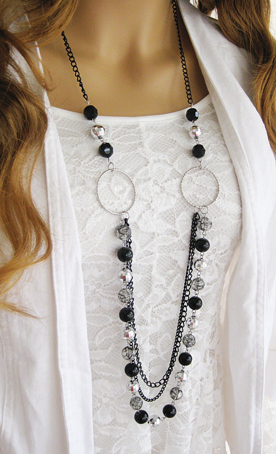 Long Black Beaded Necklace Long Silver and Black Beaded