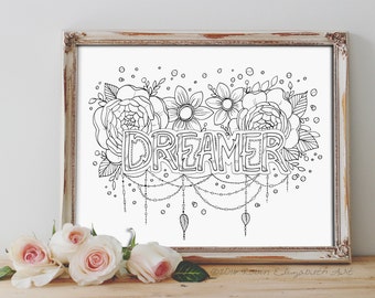 Adult Coloring Book Page Instant Download - Dreamer - Coloring Book - Inspirational Art