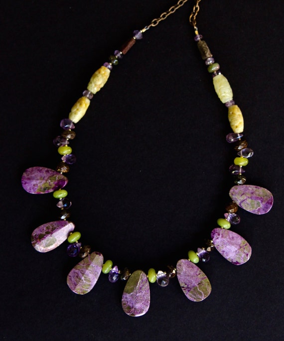 On Sale Stichite Serpentine Teardrop Necklace Rare Purple Lavender and Green Stones w Amethyst Serpentine and Bronzite Colorful Gemstone Jew