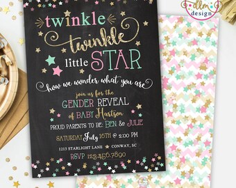 Twinkle Twinkle Little Star, Gender Reveal Invite, Gender Reveal Party, Blue or Pink, Chalkboard, DIY, Printable or Printed, Gender Reveal