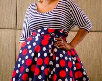 Plus Size Maxi Skirt Navy Red and White Polka Dot plus size High Waist / plus size 2 - 24 ) 30" L