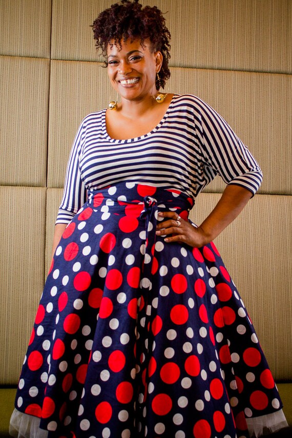 Plus Size Maxi Skirt Navy Red and White Polka Dot plus size