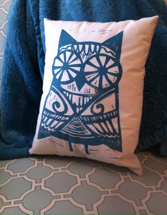 Hand Printed Block Print Owl Pillow - Jubilee Art by Patti Miller
