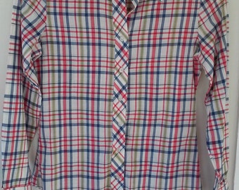 70s ORGANICALLY GROWN by ARPEJA--Plaid Button-Down Shirt--Thin Cotton Voile--Size 5