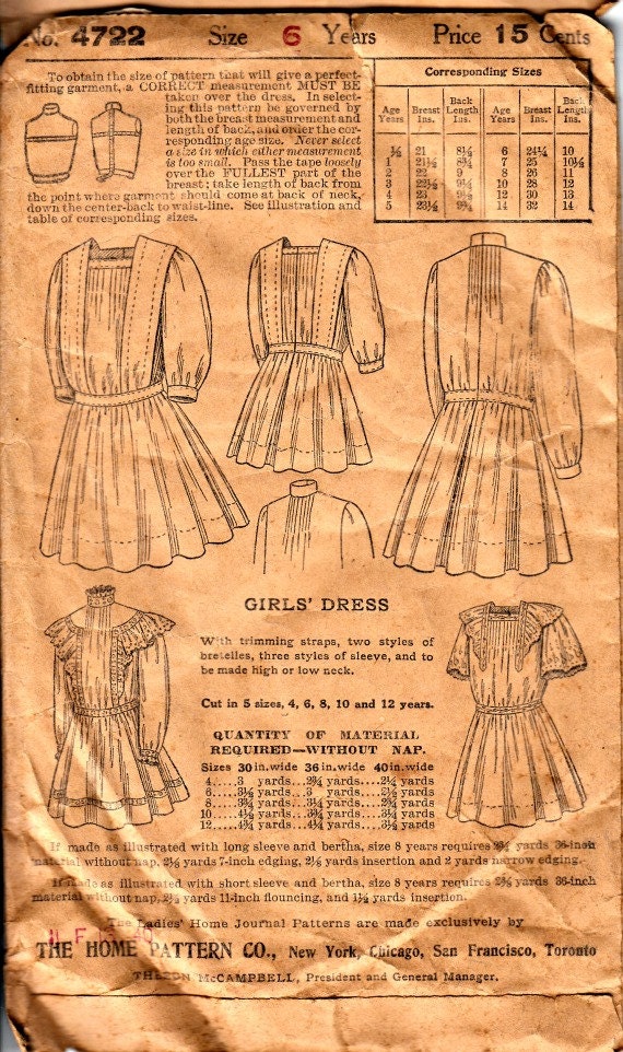 1900's Vintage Girls Dress Pattern The Ladies' Home