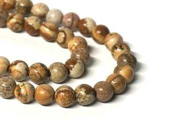 8mm LARGE HOLE Picture Jasper gemstone beads, round, 8 inch strand (1189S)