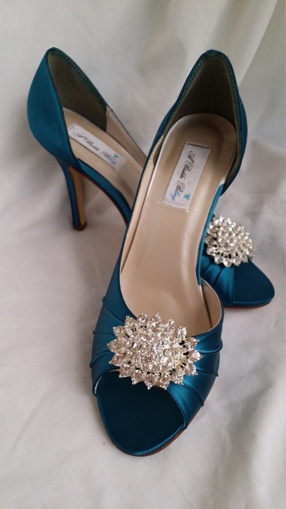 Wedding Shoes Teal Bridal Shoes with Sparkling Crystal Oval