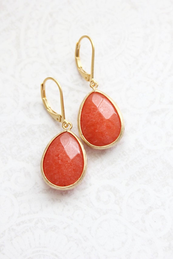 Burnt Orange Earrings Matte Gold Dangle Earrings Pumpkin Glass