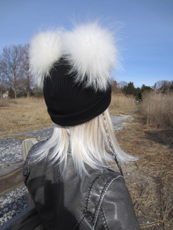 pom fur beanie double pom Skullcap Pom Pom Knit Black Hat Bobble Beanie Genuine Fur Cuff