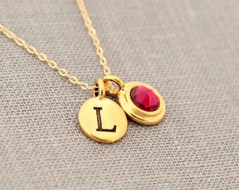 Gold Birthstone Necklace, Initial Gold Ruby Jewelry, Gold July Birthstone Necklace, Mothers Day Necklace
