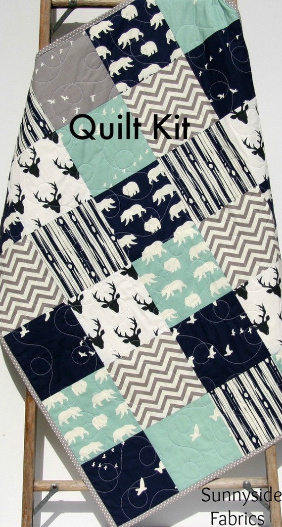Quilt Kit Woodland Boy Rustic Navy Blue Mint Green Grey Gray