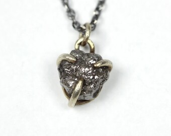 Rough diamond white gold pendant and blackened silver chain, raw diamond necklace, uncut diamond three claw pendant, grey diamond pendant