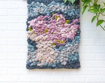 Large Woven Wall Hanging | Abstract Weaving in Mauve, Pink, Blue, Grey, Beige and Green on a Wood Dowel