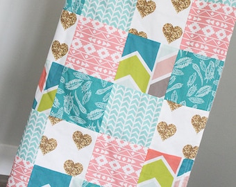 Baby Girl Blanket, Coral Mint Gold Baby Quilt, Gold Heart Baby Girl Crib Blanket