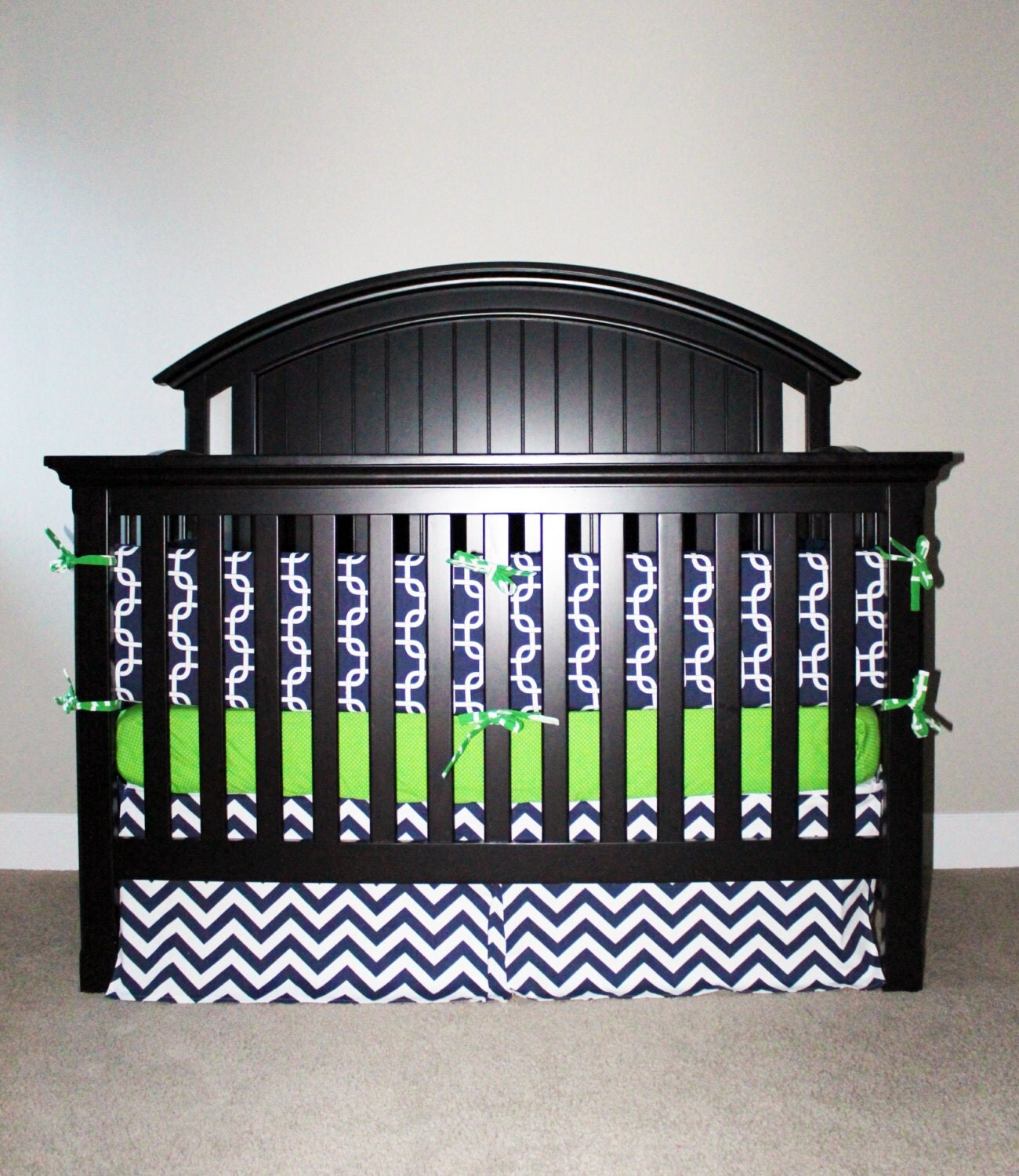 Green and Blue Baby Boy Bedding Modern Crib Set Chevron