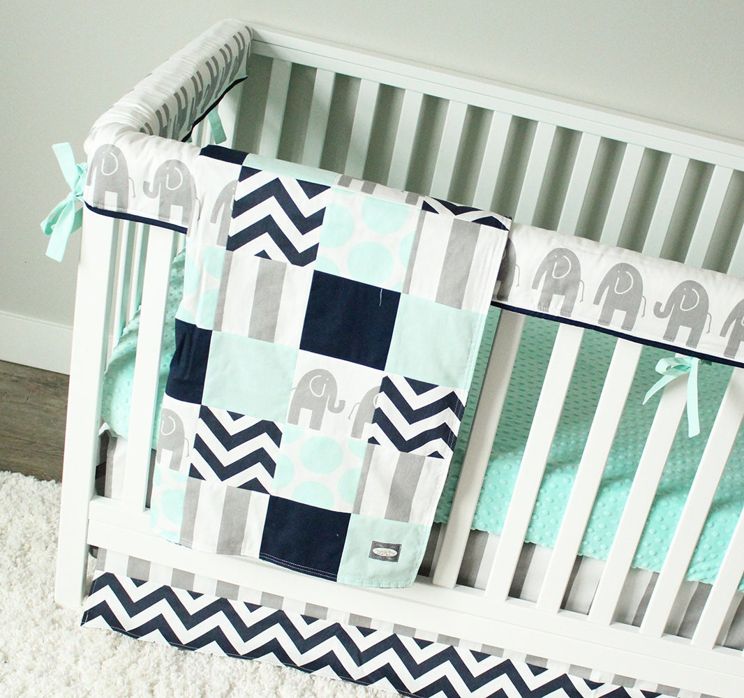 Elephant Baby Bedding Mint Gray and Navy Blue Nursery Set