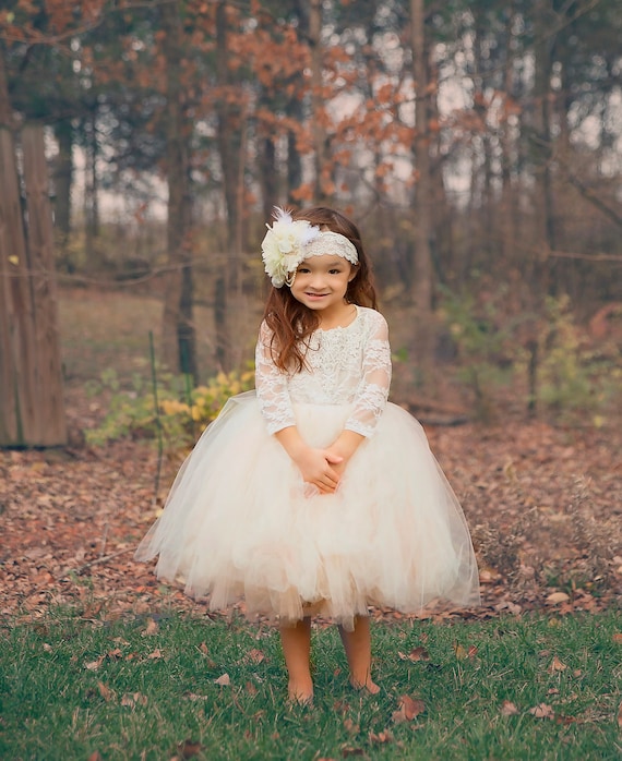 long sleeve lace tutu dress, ivory lace flower girl dress with long sleeves